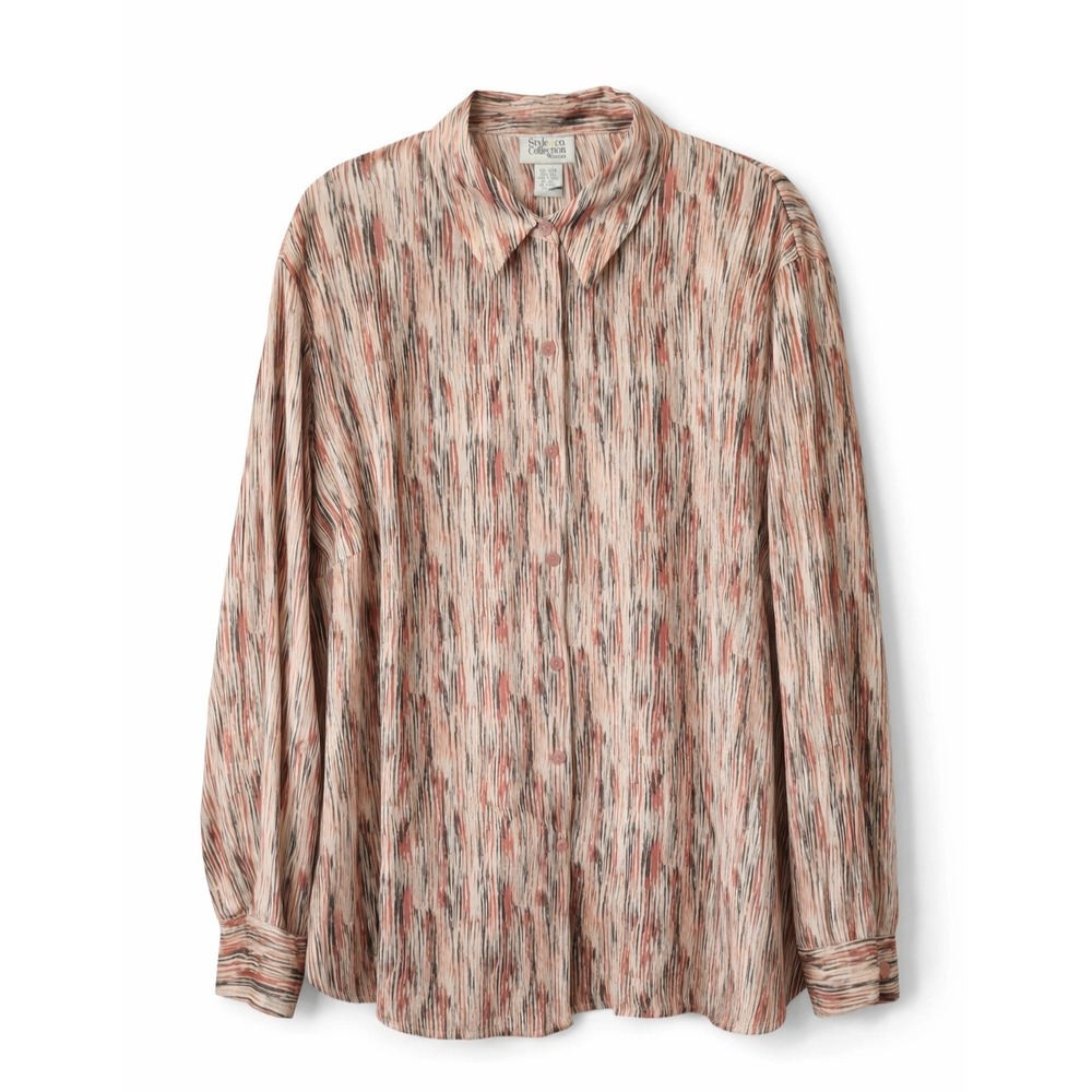 Style & Co Collection Silk Blouse Womens 22W Pink Brown Abstract Button Up Shirt